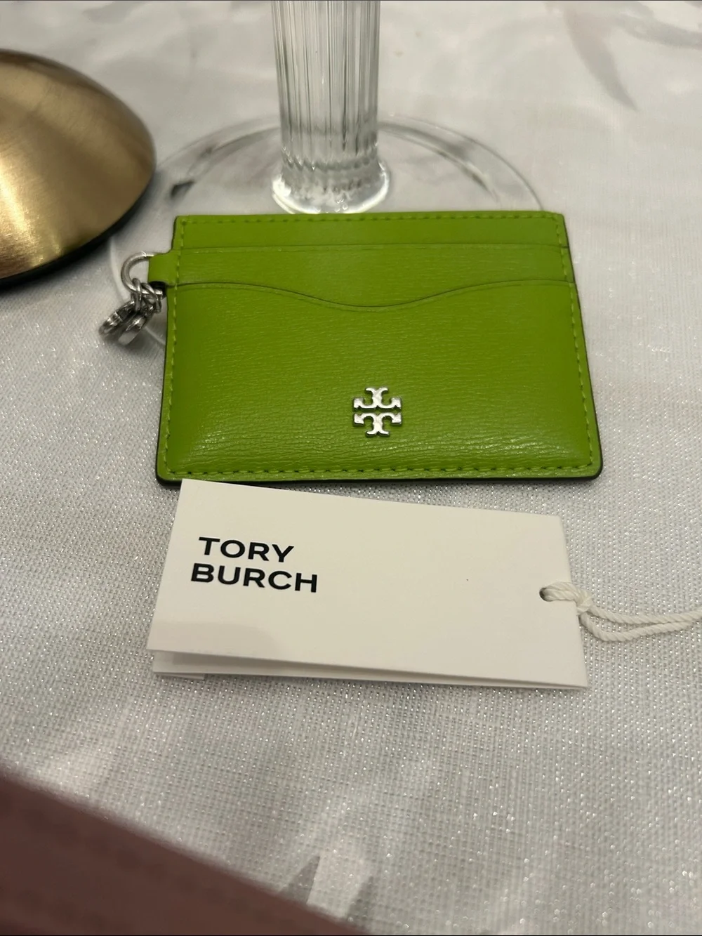 Tory Burch Bright Lime Green Leather Card Holder with charm Rory BNWT